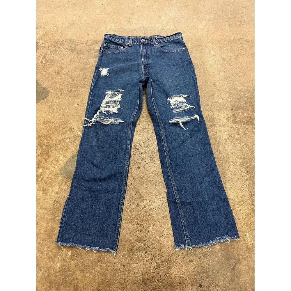 Vintage Levi's 517 Bootcut Jeans Mens 33x34 Blue Denim Distressed Cotton Raw Hem